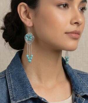 Southwest Dangle Earrings Earrings 2.5” Turquoise Color Stone Silver Tone Beads5